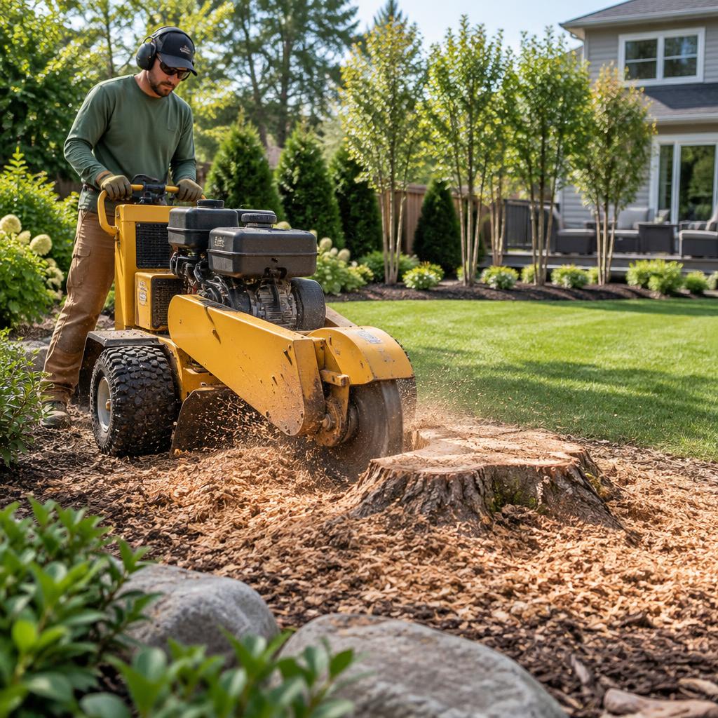 Stump grinding and cleanup work on a residential lawn